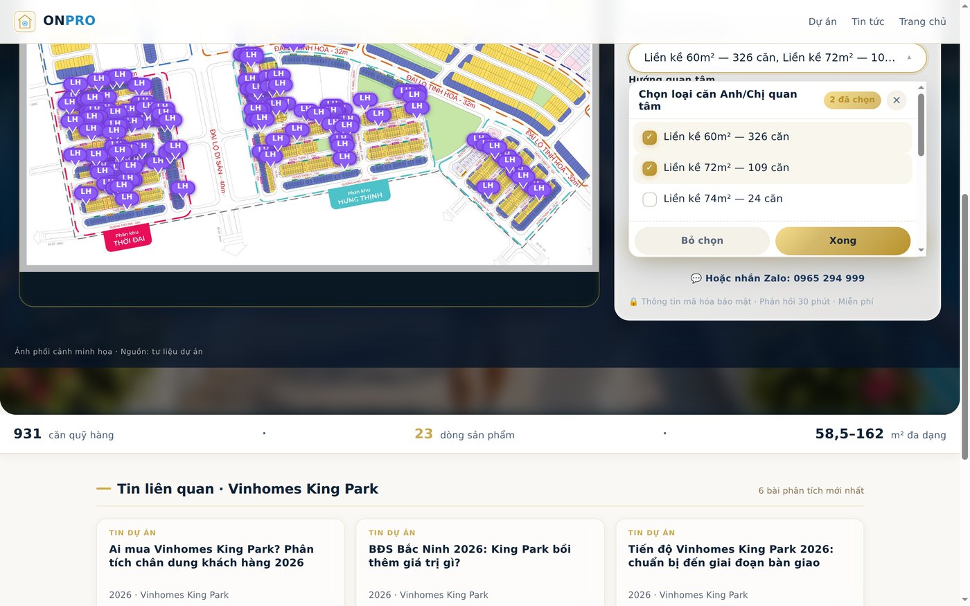 Danh sách chọn loại căn Vinhomes King Park với 2 mục đã tick