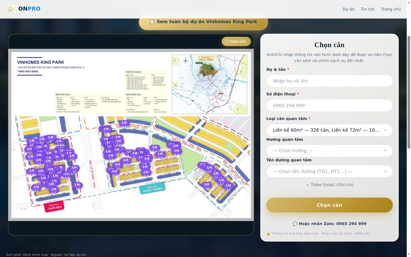 Form Chọn căn Vinhomes King Park hiển thị loại căn đã chọn