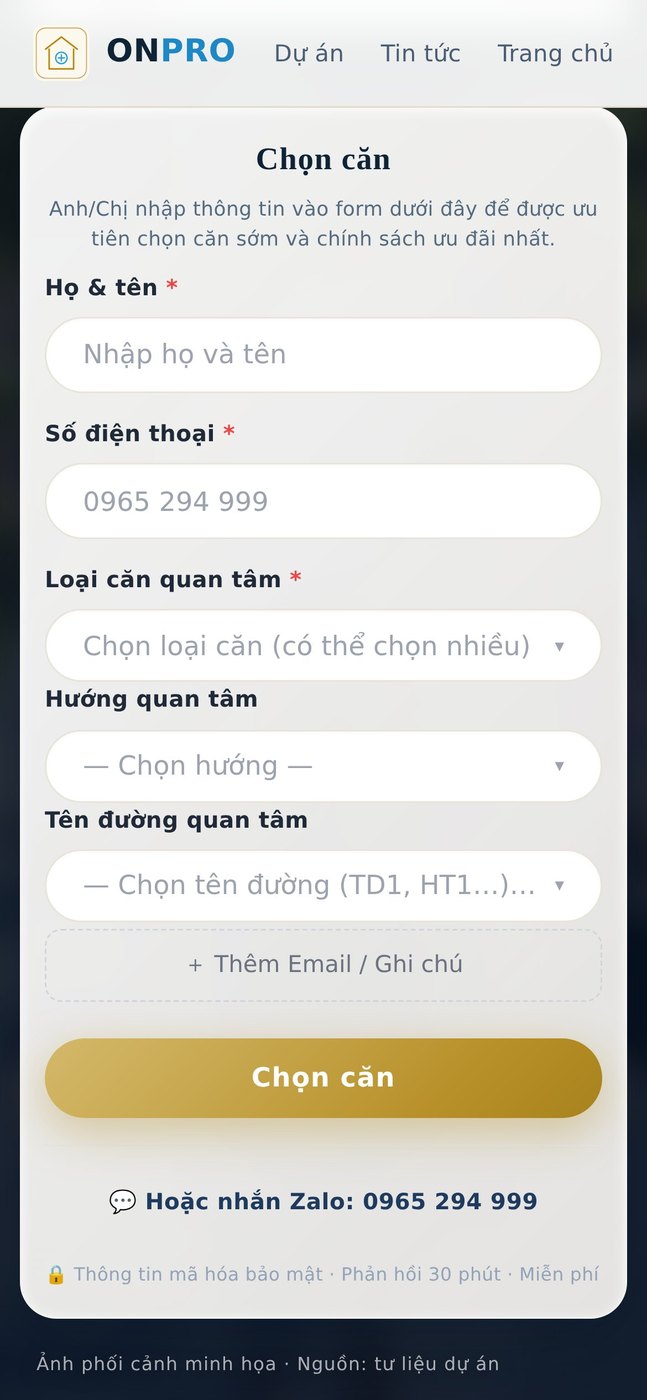 Form Chọn căn Vinhomes King Park trên điện thoại