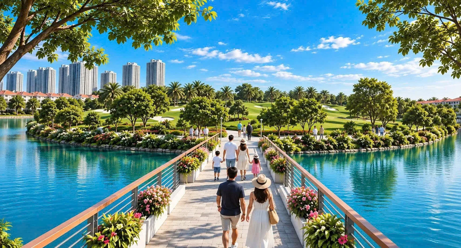 Cầu đi dạo ven hồ nước và sân golf 18 lỗ Vinhomes King Park