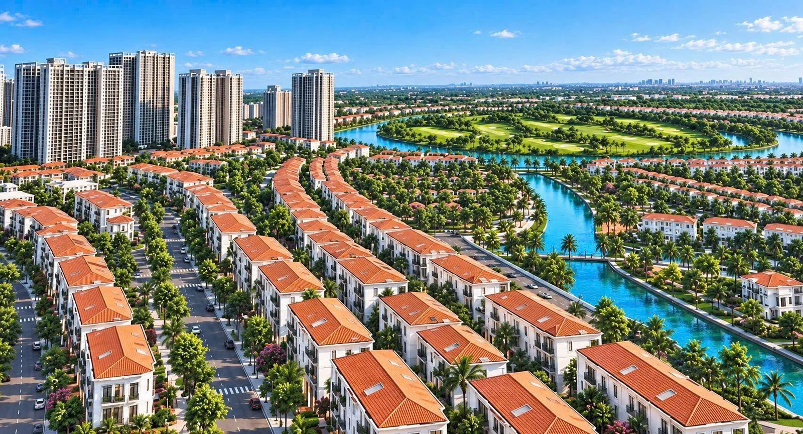 Sân golf 18 lỗ Vinhomes King Park nhìn từ trên cao cùng khu biệt thự và kênh nước