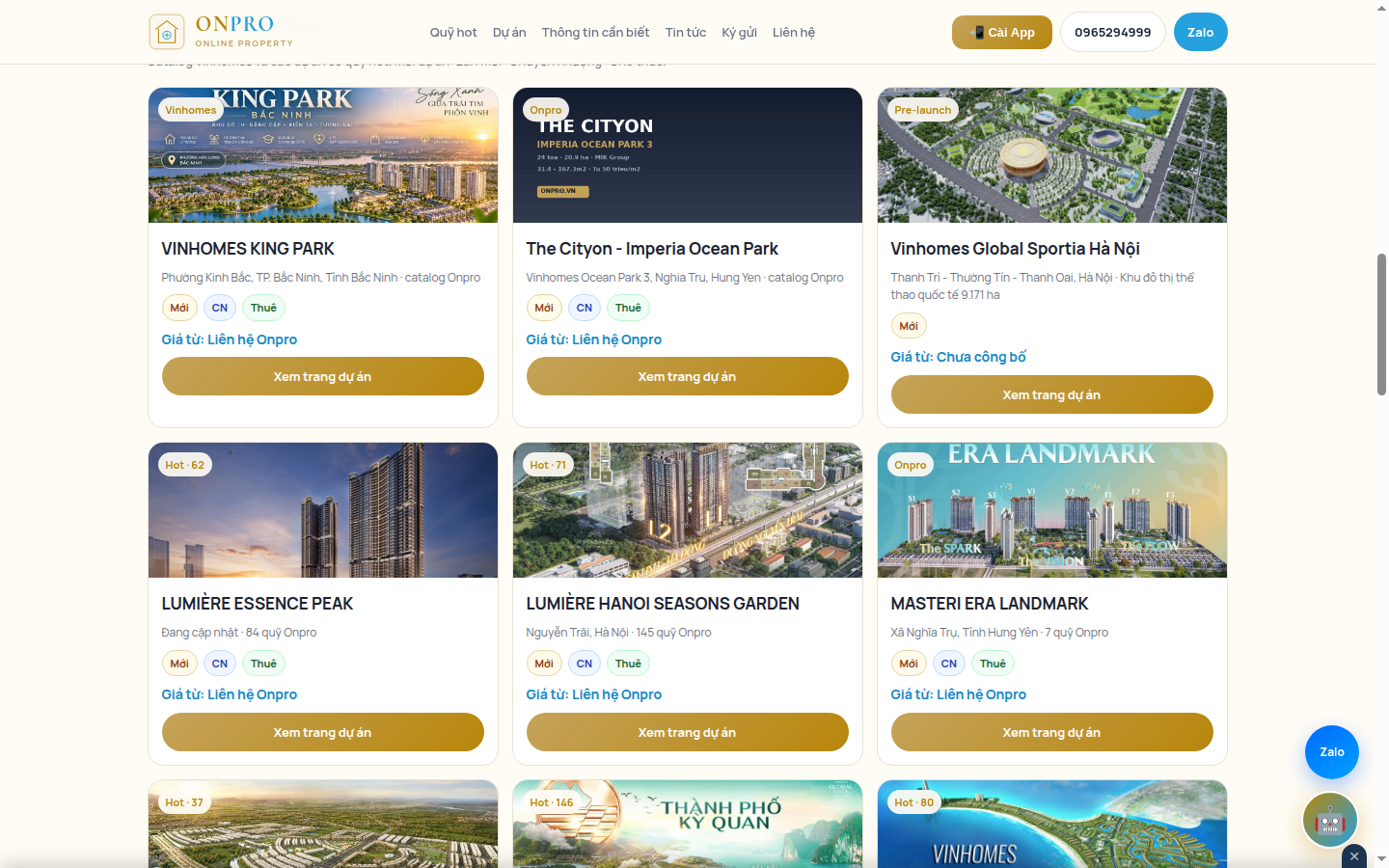 Danh sách dự án trên Onpro