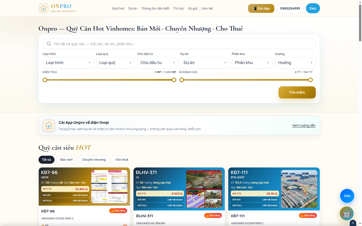 Trang chủ Onpro — quỹ căn và dự án